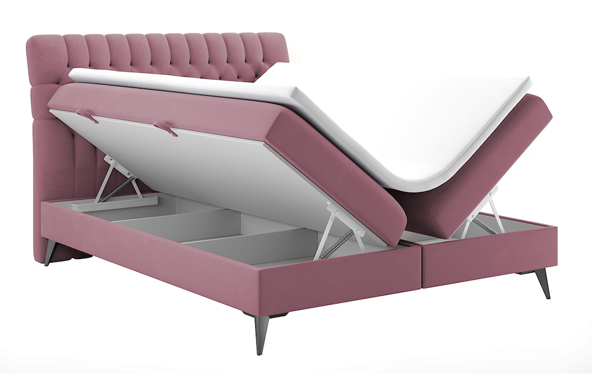 Łóżko kontynentalne 180x200 cm Rubeuz z pojemnikami i topperem różowe welur hydrofobowy  - zdjęcie 4