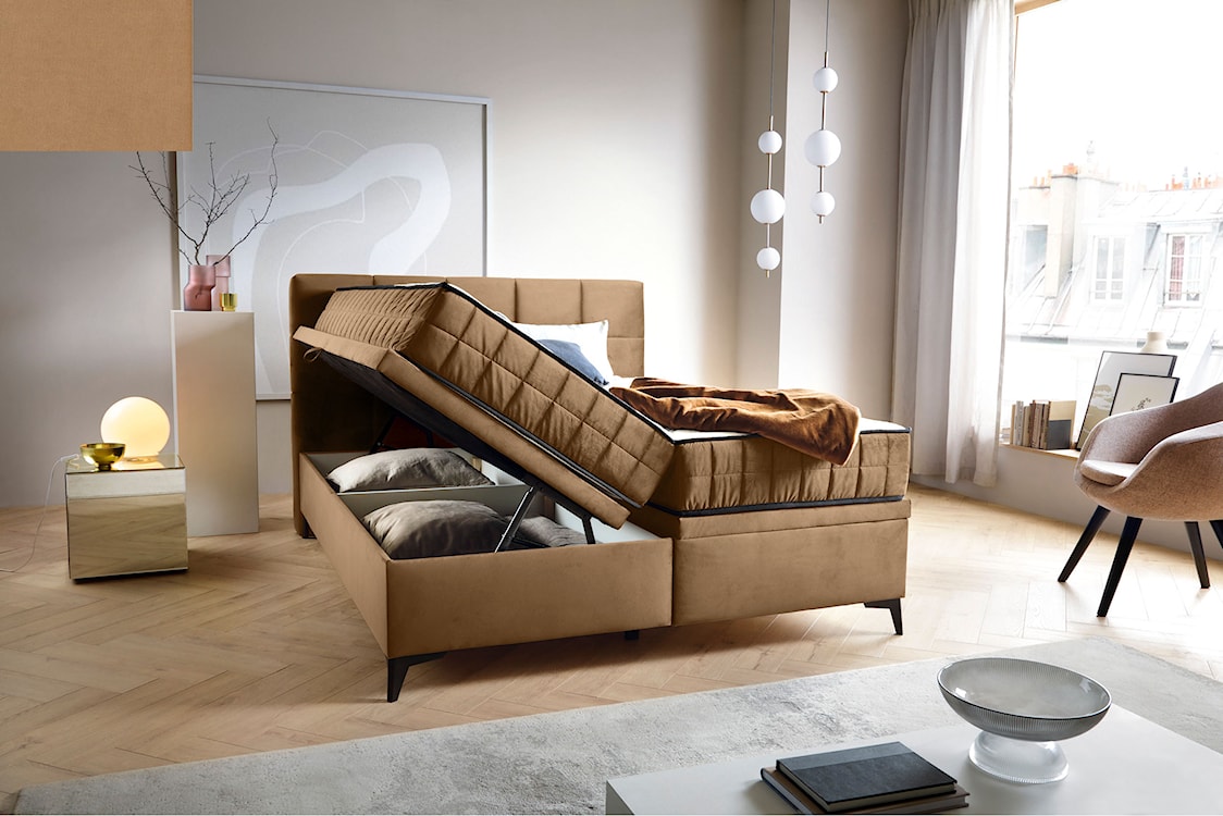 Łóżko kontynentalne 160x200 cm Beriano z pojemnikami i materacem beżowe welur  - zdjęcie 4
