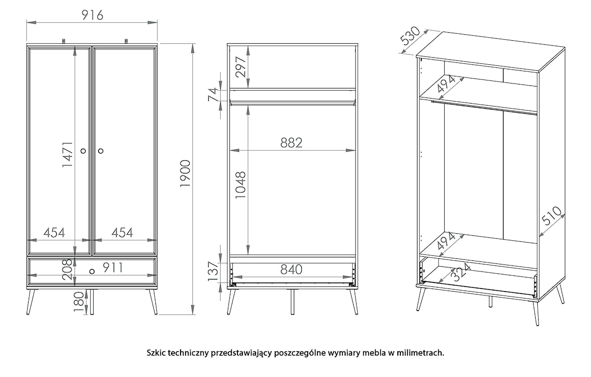 Szafa dwudrzwiowa Darrby 92 cm z szufladą biały/biały połysk ze złotymi nogami  - zdjęcie 9