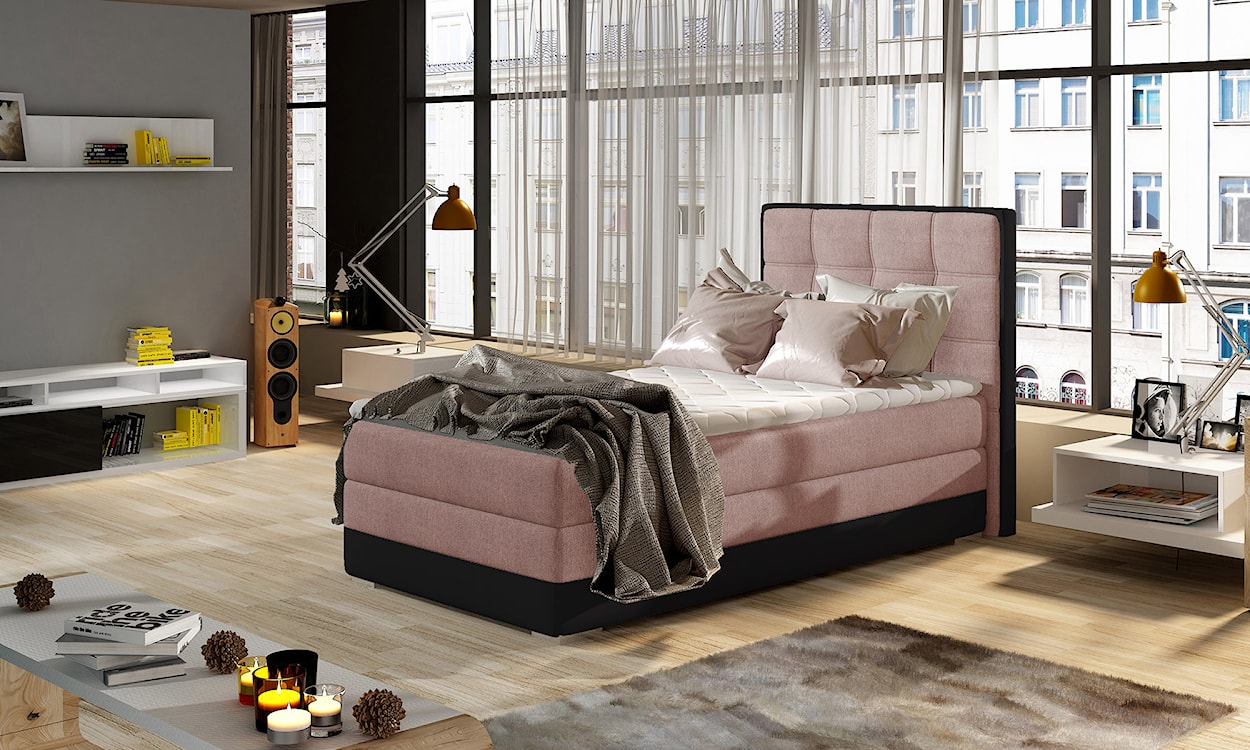 Łóżko kontynentalne Yassan 90x200 cm jednoosobowe z pojemnikiem różowe / czarne welwet / ekoskóra lewostronne  - zdjęcie 2