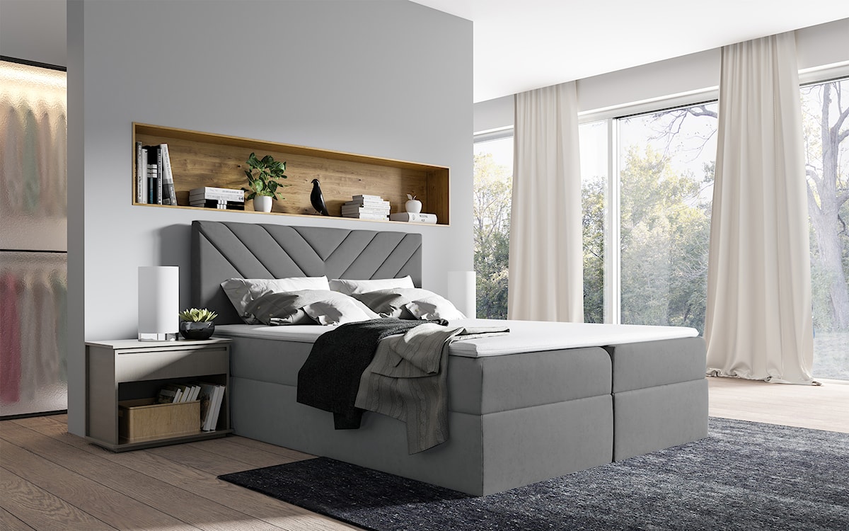Łóżko kontynentalne Ponferrada 180x200 z dwoma pojemnikami, materacem i topperem szare  - zdjęcie 2
