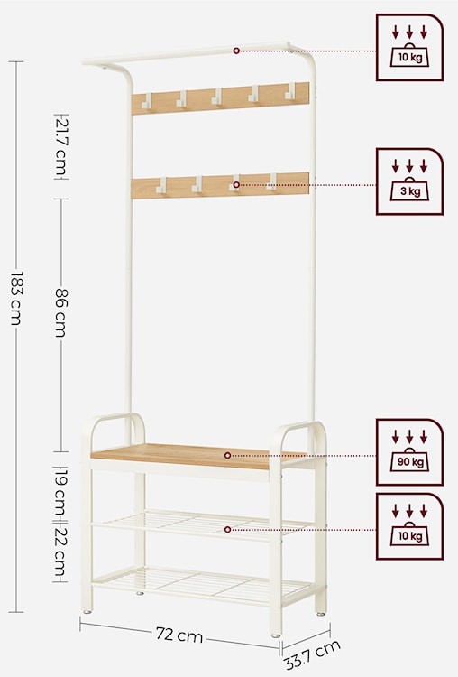 Wieszak stojący Sonvero z dwiema półkami 183 cm biały  - zdjęcie 5