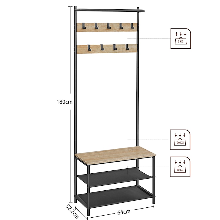 Wieszak stojący Sonvero z dwiema półkami 180 cm czarny  - zdjęcie 3