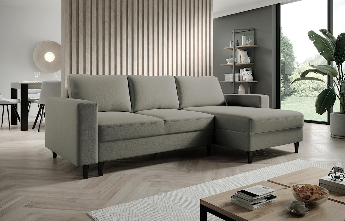 Narożnik z funkcją spania Nalika L-kształtny z pojemnikiem ciemnobeżowy welur hydrofobowy prawostronny  - zdjęcie 2