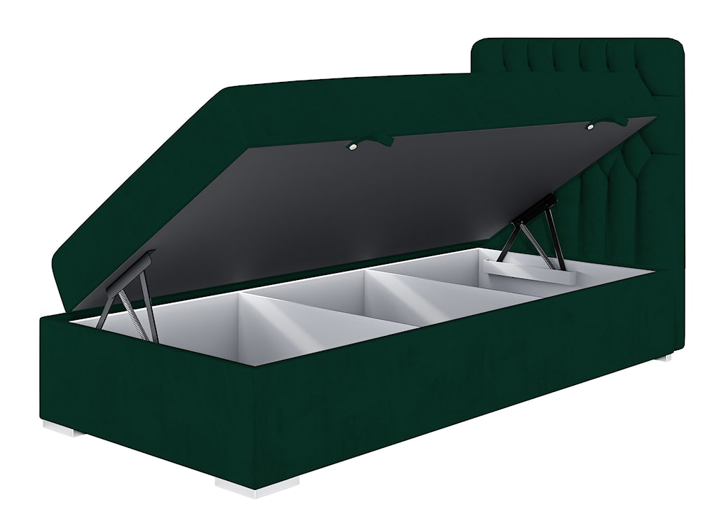 Łóżko kontynentalne 90x200 cm Persival z pojemnikiem i topperem zielone welur prawostronne