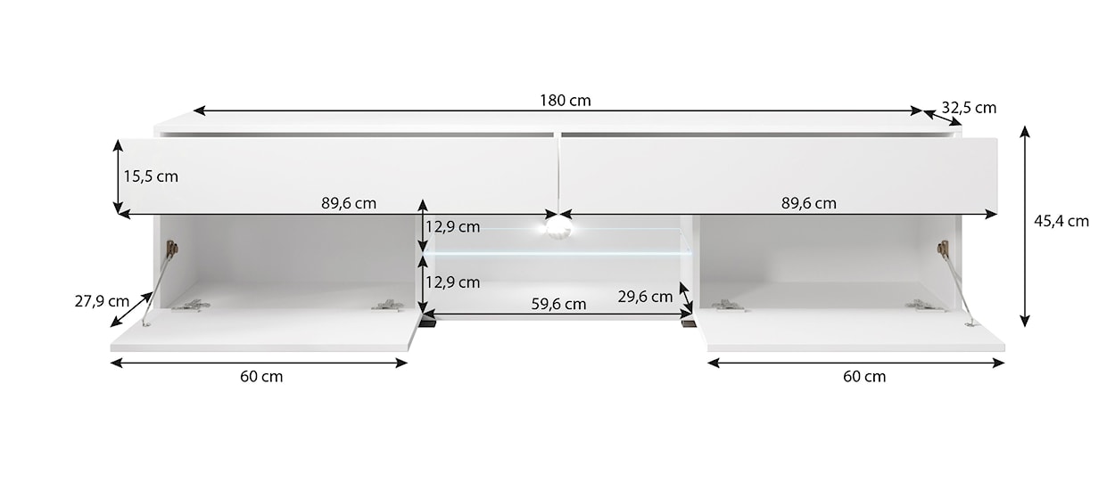 Szafka RTV Bangie 180 cm z szufladami biały mat/biały połysk z oświetleniem  - zdjęcie 6