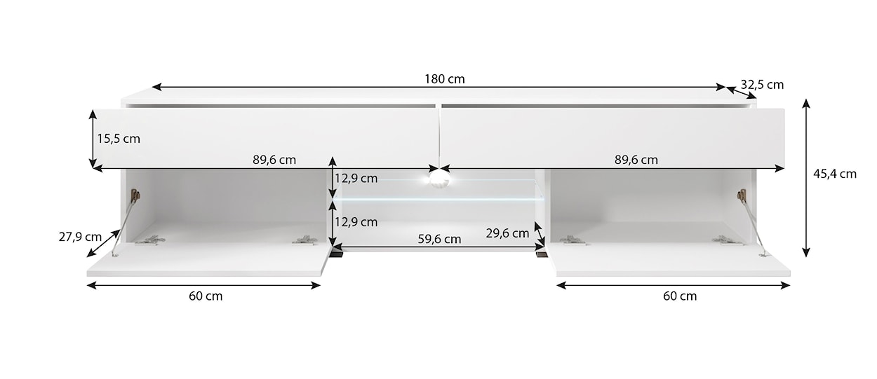 Szafka RTV Bangie 180 cm z szufladami biały mat/biały połysk z oświetleniem  - zdjęcie 6