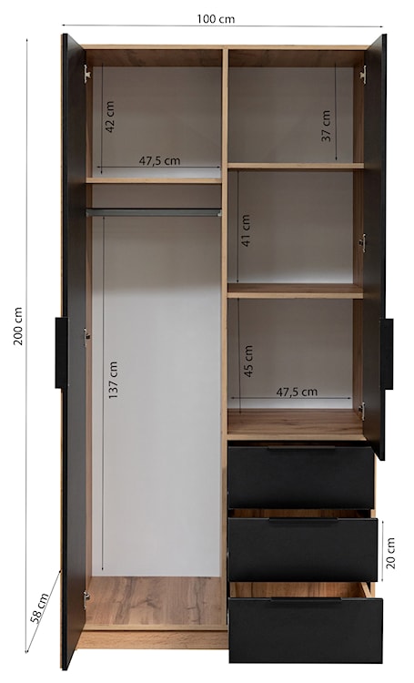 Szafa dwudrzwiowa Balie z lustrem i lamelami 100 cm dąb wotan / czarny  - zdjęcie 5