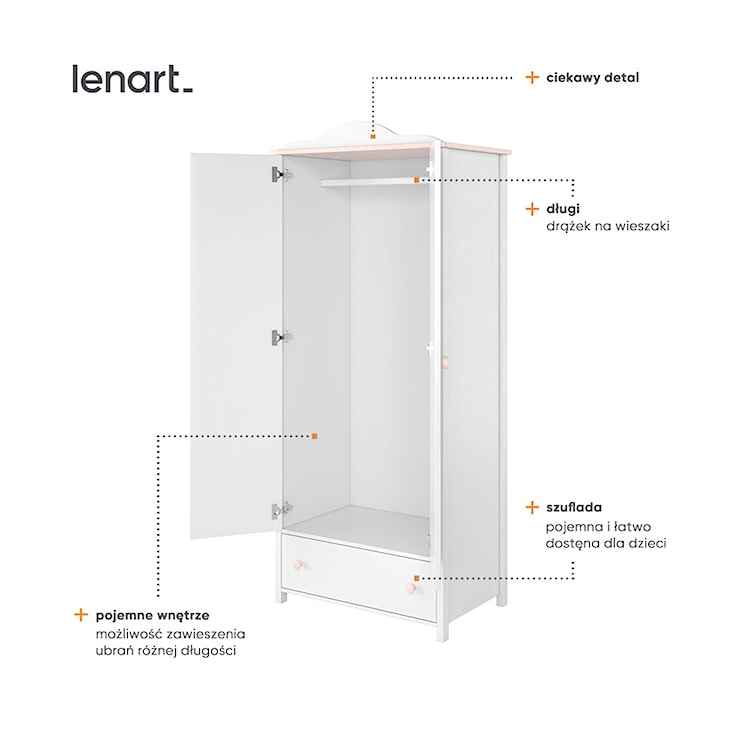 Szafa dwudrzwiowa do pokoju dziecięcego Luna z szufladą i drążkiem  - zdjęcie 5