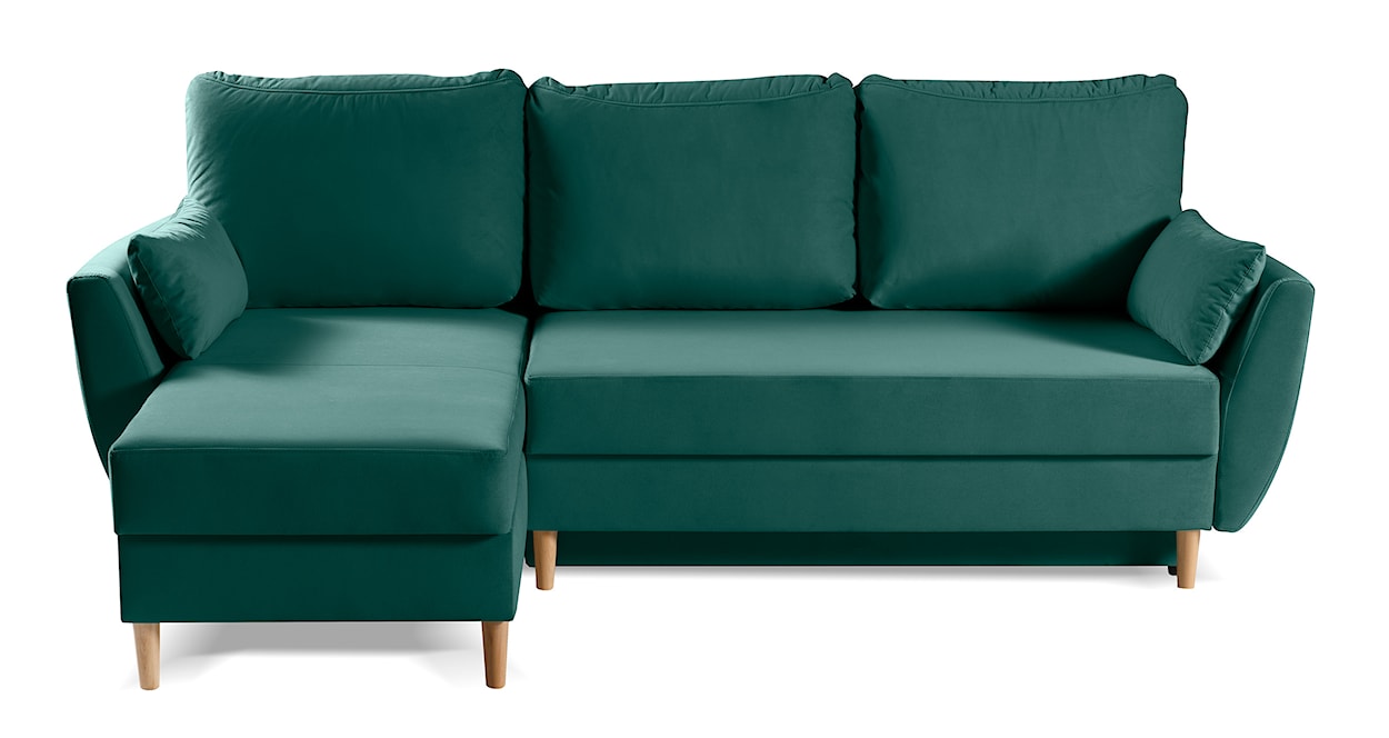 Narożnik z funkcją spania Paradela L-kształtny z pojemnikiem uniwersalny na nóżkach bukowych zielony welur hydrofobowy 