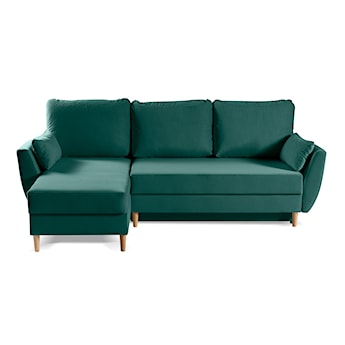 Narożnik z funkcją spania Paradela L-kształtny z pojemnikiem uniwersalny na nóżkach bukowych zielony welur hydrofobowy