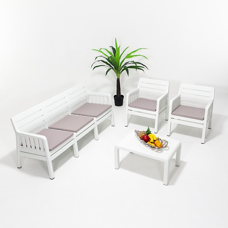 Zestaw ogrodowy pięcioosobowy Scrally ze stolikiem z tworzywa sztucznego i poduchami biały  - zdjęcie 2