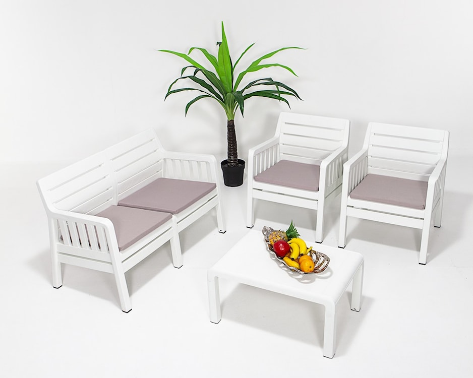 Zestaw ogrodowy czteroosobowy Scrally ze stolikiem z tworzywa sztucznego i poduchami biały  - zdjęcie 2