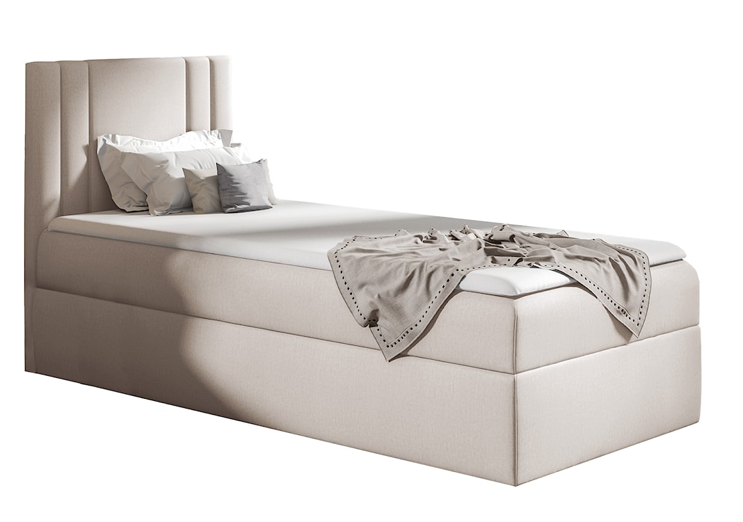 Łóżko kontynentalne jednosobowe Dulmo Mini 100x200 cm z pojemnikiem i topperem szarobeżowe hydrofobowe prawostronne