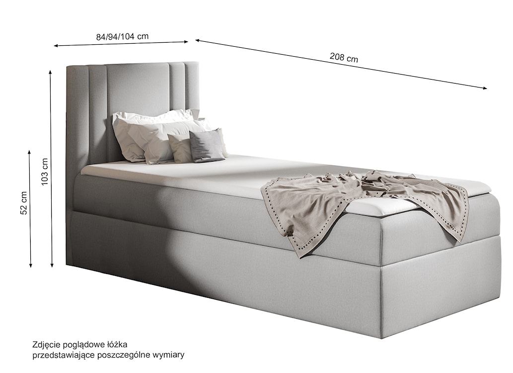 Łóżko kontynentalne jednosobowe Dulmo Mini 100x200 cm z pojemnikiem i topperem szarobeżowe hydrofobowe prawostronne  - zdjęcie 4