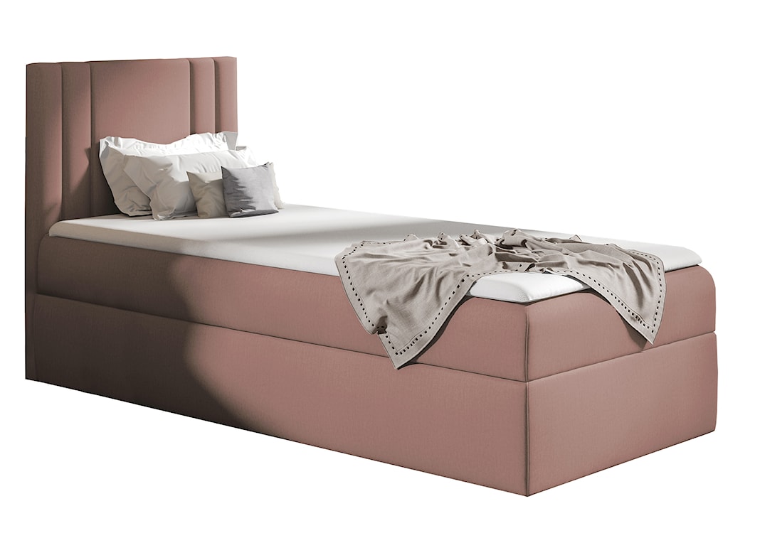 Łóżko kontynentalne jednosobowe Dulmo Mini 100x200 cm z pojemnikiem i topperem różowe hydrofobowe prawostronne