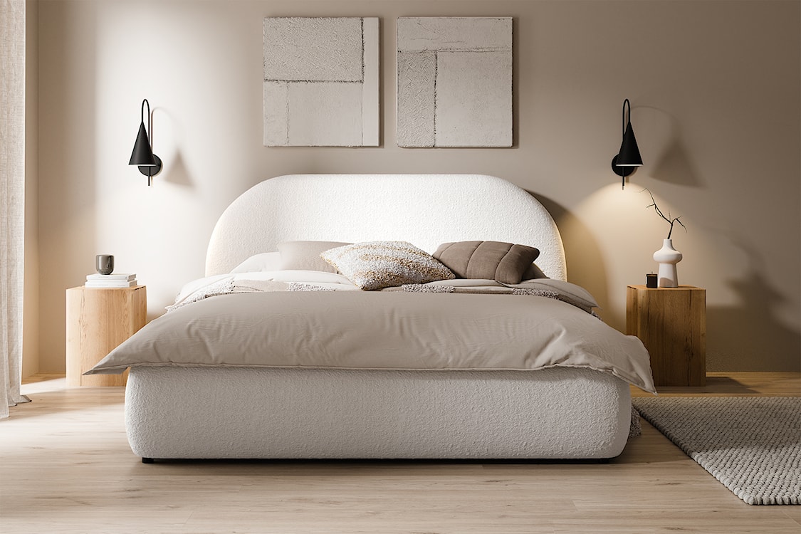 Łóżko tapicerowane 180x200 cm Ovo kremowe z pojemnikiem rama metalowa podnośnik gazowy boucle  - zdjęcie 3