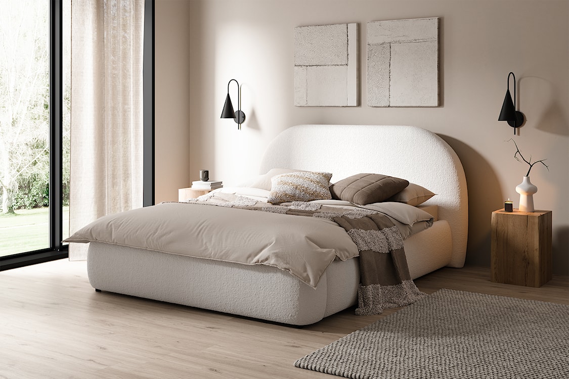Łóżko tapicerowane 160x200 cm Ovo kremowe z pojemnikiem rama metalowa podnośnik gazowy boucle  - zdjęcie 2