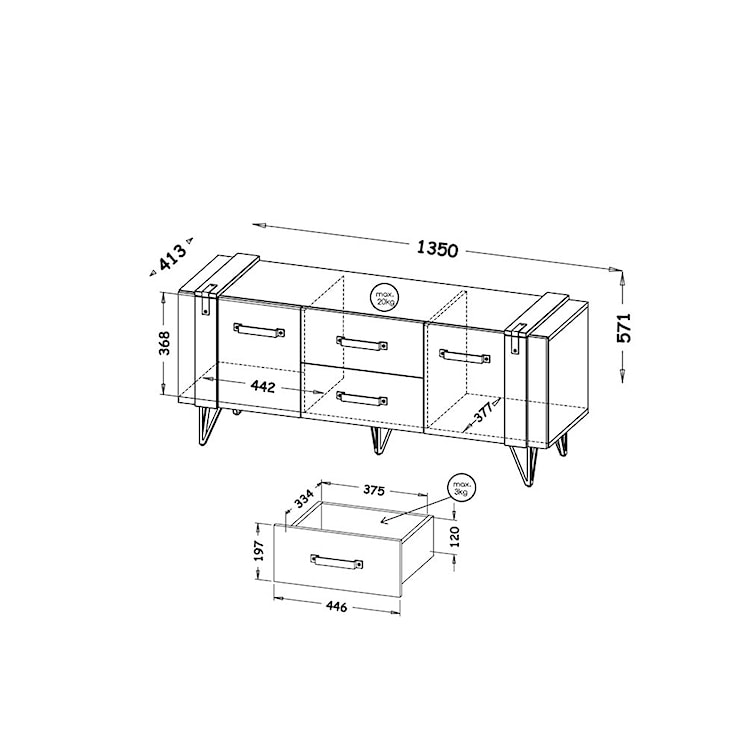 Szafka RTV Berace 135 cm z szufladami dąb/beton  - zdjęcie 5