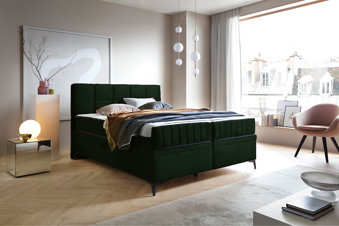 Łóżko kontynentalne 160x200 cm Beriano z pojemnikami i materacem butelkowa zieleń welur  - zdjęcie 2