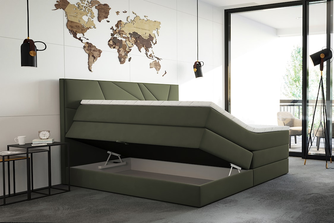 Łóżko kontynentalne 160x200 cm Vendes z pojemnikami materacami bonnellowymi i kieszeniowym oliwkowe welur hydrofobowy  - zdjęcie 3