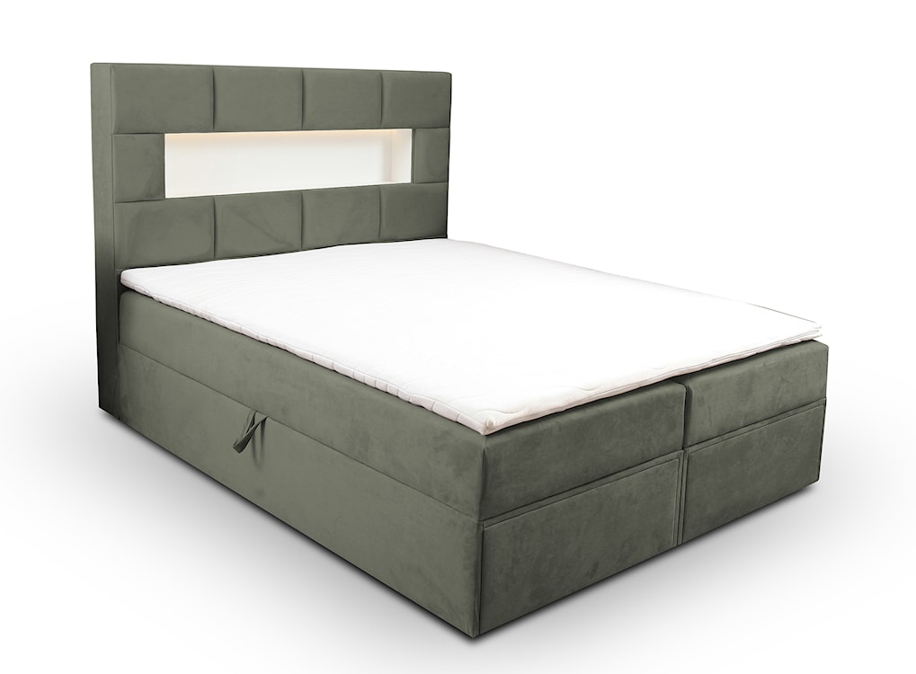 Łóżko kontynentalne 160x200 cm Celaeno z pojemnikami, tapperem i materacem kieszeniowym oliwkowe 