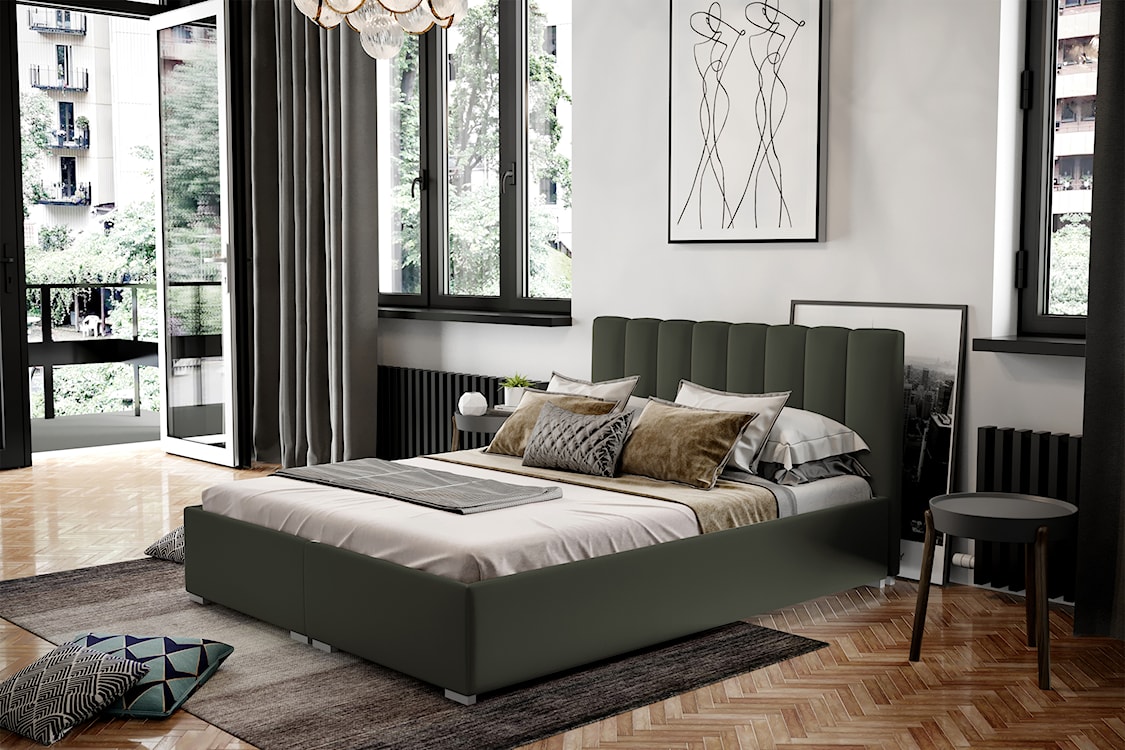 Łóżko tapicerowane 180x200 cm Romkino z pojemnikami oliwkowe welur hydrofobowy  - zdjęcie 2