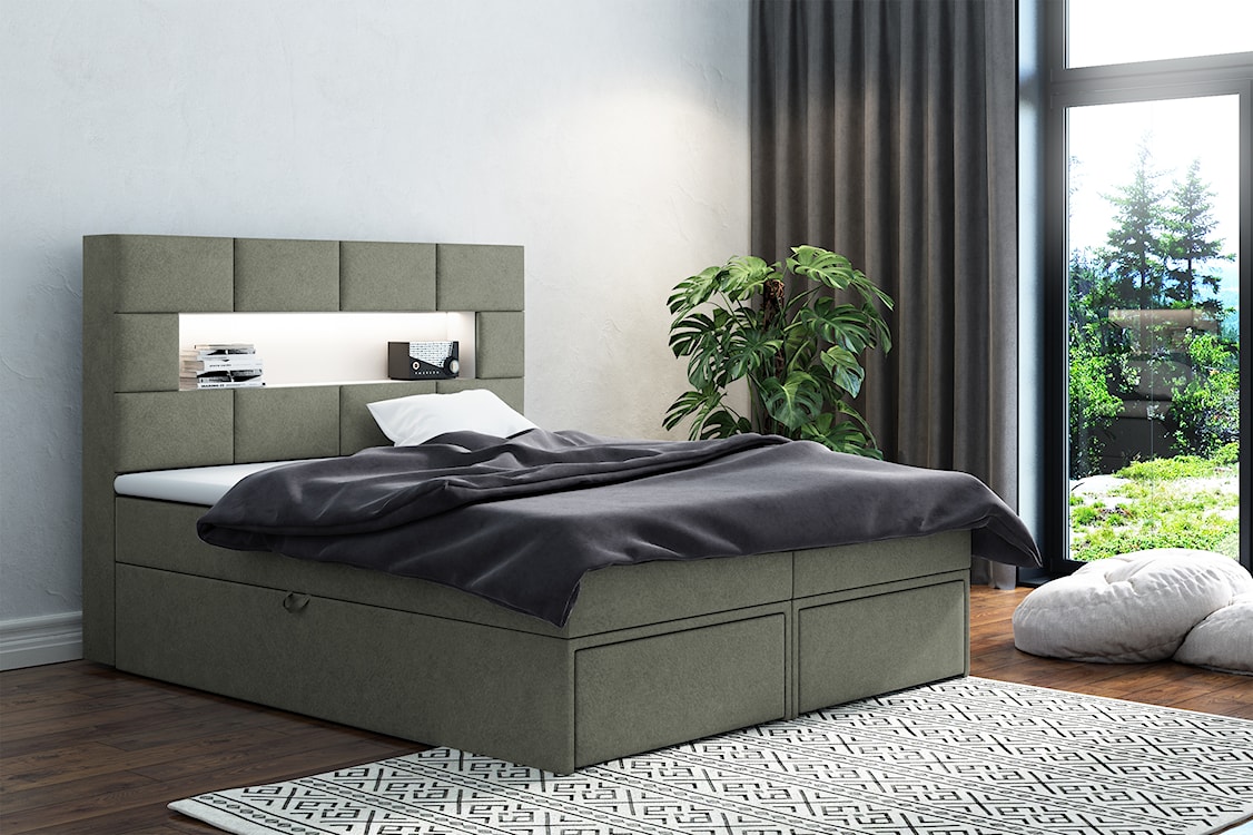 Łóżko kontynentalne 160x200 cm Celaeno z pojemnikami, tapperem i materacem kieszeniowym oliwkowe  - zdjęcie 2
