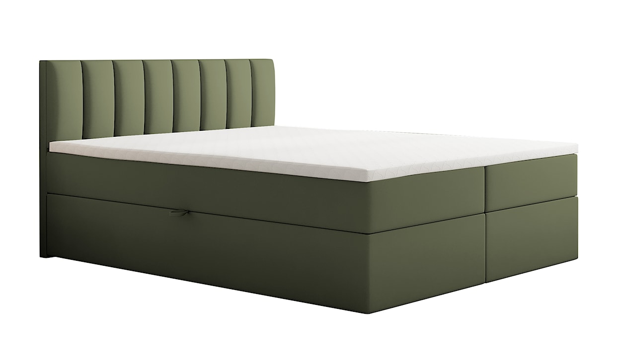 Łóżko kontynentalne 160x200 cm Carbini z pojemnikami  i materacem kieszeniowym oliwkowe welur hydrofobowy 