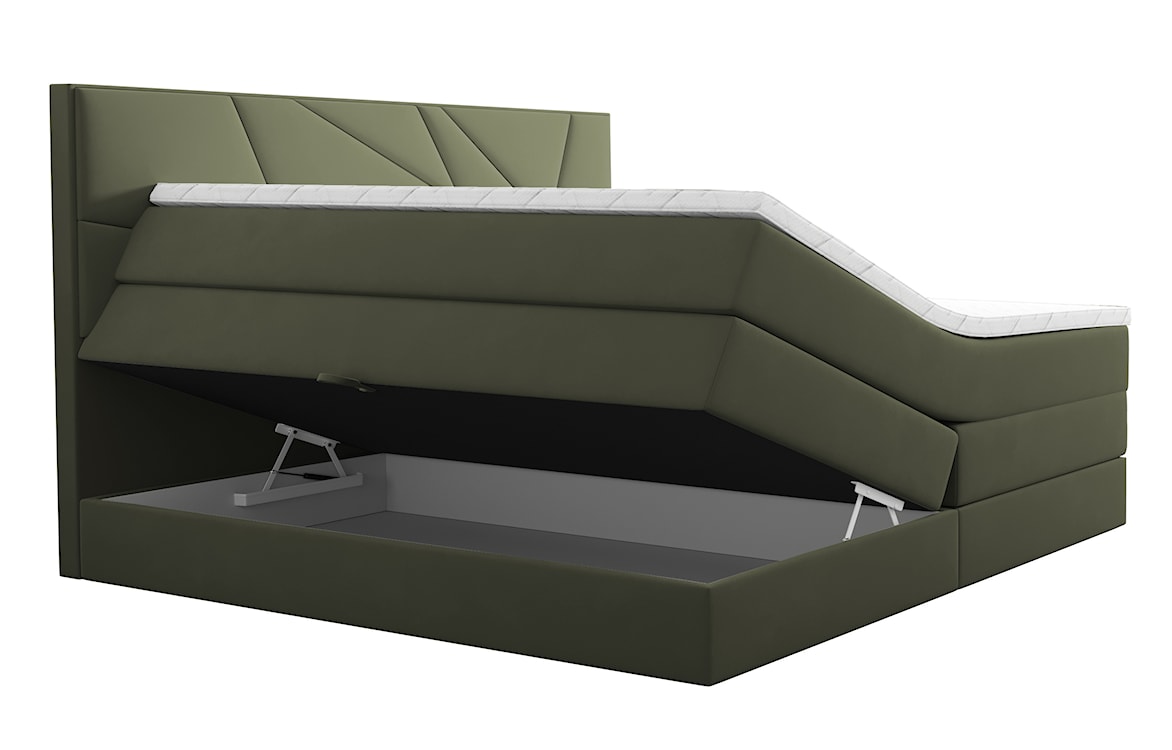Łóżko kontynentalne 180x200 cm Vendes z pojemnikami materacami bonnellowymi i kieszeniowym oliwkowe welur hydrofobowy  - zdjęcie 4
