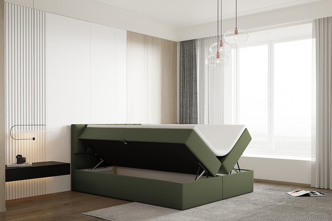 Łóżko kontynentalne 160x200 cm Carbini z pojemnikami  i materacem bonellowym oliwkowe welur hydrofobowy  - zdjęcie 4