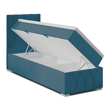 Łóżko kontynentalne 90x200 cm Segarati z pojemnikiem i topperem niebieskie welur hydrofobowy lewostronne