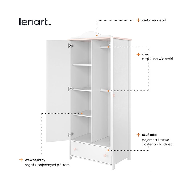 Szafa dwudrzwiowa do pokoju dziecięcego Luna z szufladą, półkami i dwoma drążkami  - zdjęcie 5