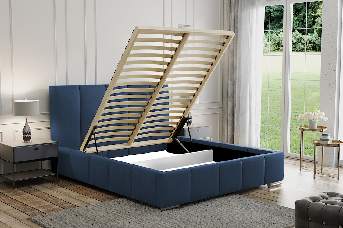 Łóżko tapicerowane 140x200 cm Bodera z pojemnikiem niebieskie w tkaninie hydrofobowej  - zdjęcie 3