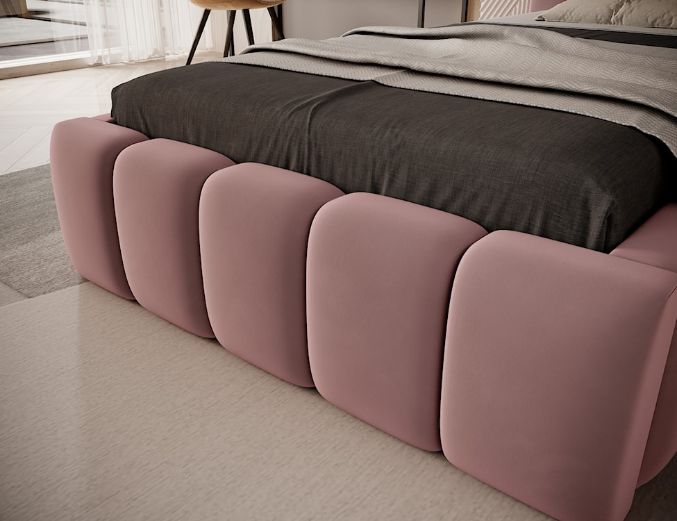 Łóżko tapicerowane 90x200 cm Rodeiro z pojemnikiem i oświetleniem różowe w tkaninie hydrofobowej  - zdjęcie 7