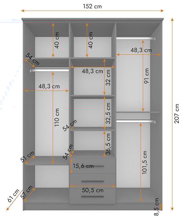 Szafa trzydrzwiowa Gracies 150 cm z lustrem i szufladami szara  - zdjęcie 8