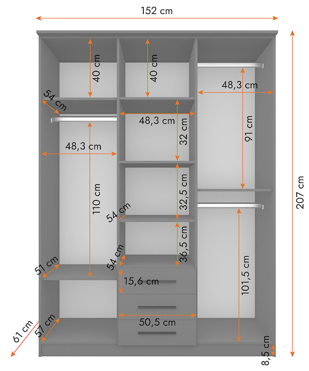 Szafa trzydrzwiowa Gracies 150 cm z lustrem i szufladami szara  - zdjęcie 8