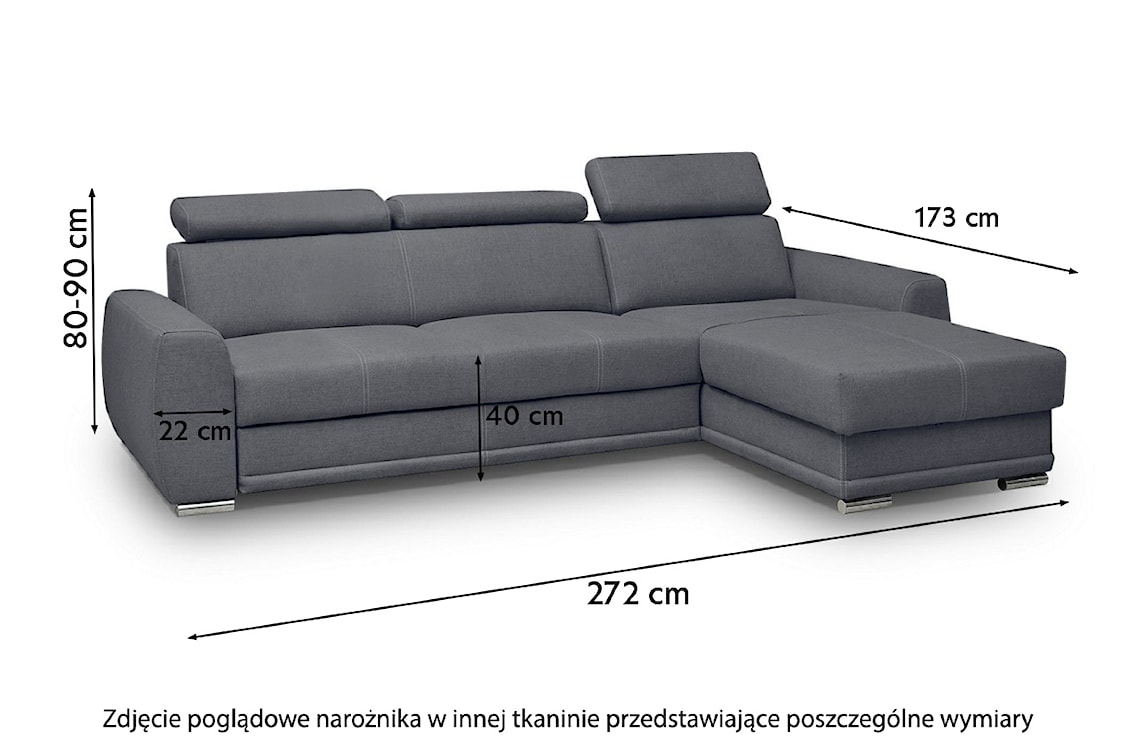 Narożnik z funkcją spania Danles L-kształtny z trzema regulowanymi zagłówkami i pojemnikiem uniwersalny grafitowy welur hydrofobowy  - zdjęcie 4