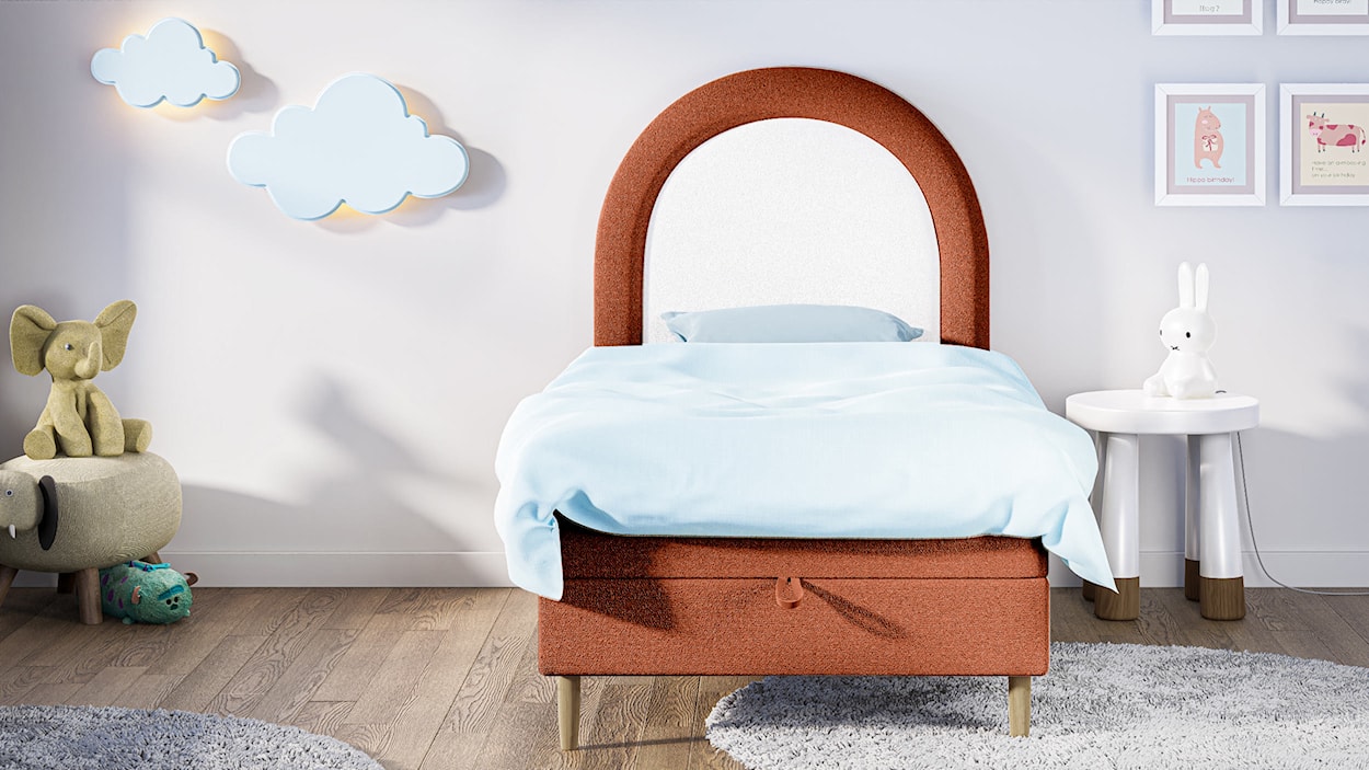Łóżko kontynentalne dla dziecka 90x180 cm Asparetto z pojemnikiem miedziane w tkaninie boucle  - zdjęcie 4