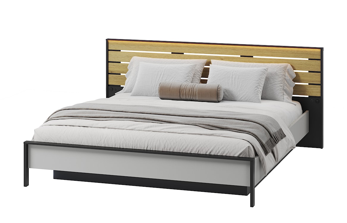 Łóżko Gris 180x200 cm z drewnianym zagłówkiem i LED szary / czarny / dąb natura