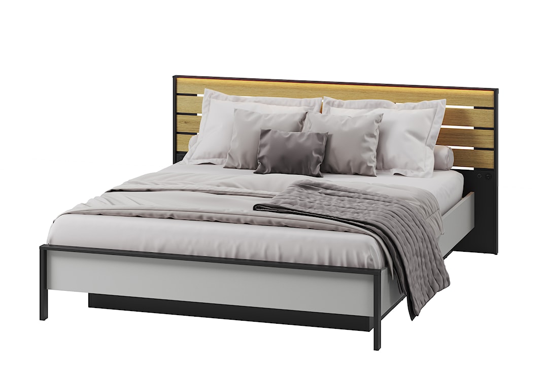 Łóżko Gris 160x200 cm z drewnianym zagłówkiem i LED szary / czarny / dąb natura