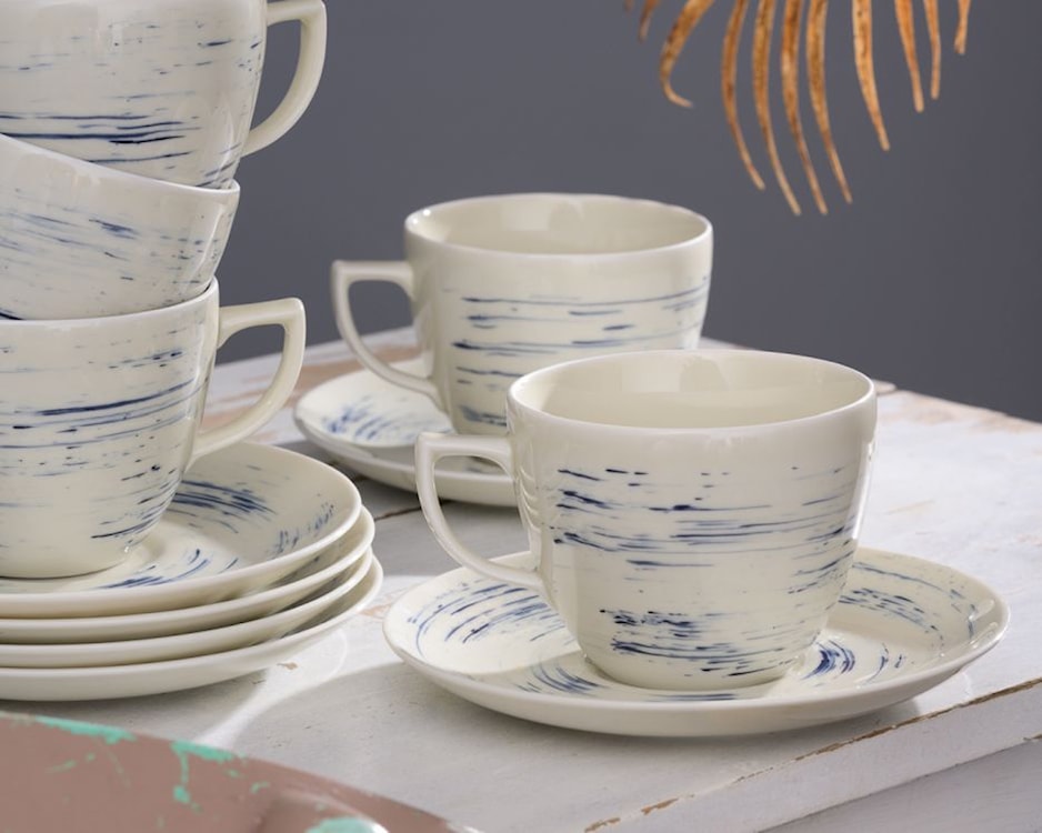 Zestaw 6 filiżanek porcelanowych City beżowo-niebieski  - zdjęcie 2