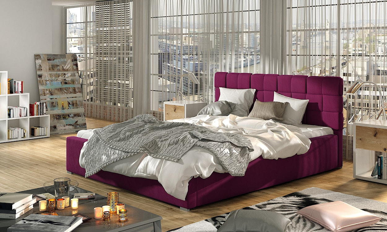 Łóżko tapicerowane Blatna 140x200 cm z pojemnikiem fioletowe velvet hydrofobowy  - zdjęcie 2