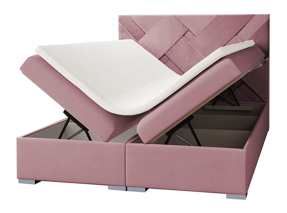 Łóżko kontynentalne 140x200 cm Lestrangie z pojemnikami i topperem różowe welur hydrofobowy