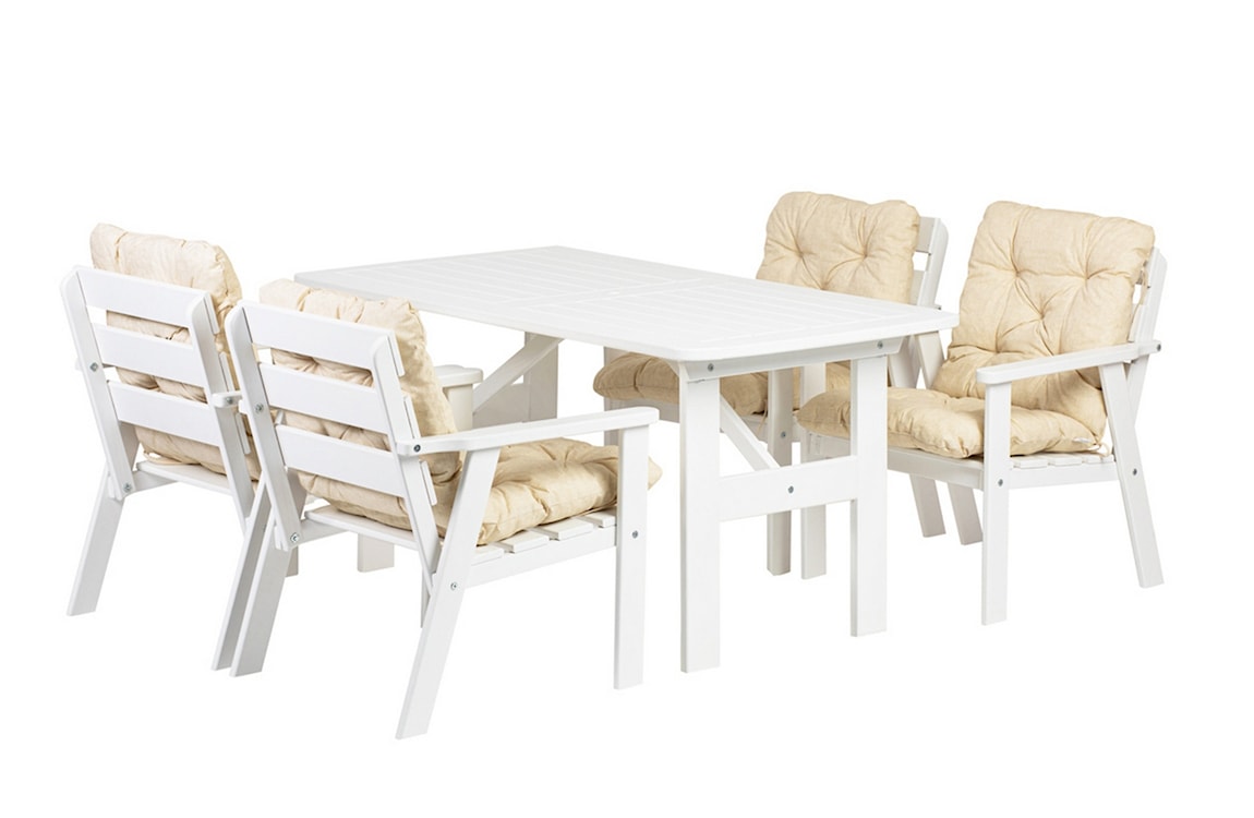Zestaw mebli ogrodowych Avoints drewno sosnowe stół z 4 krzesłami biały z beżowymi poduszkami