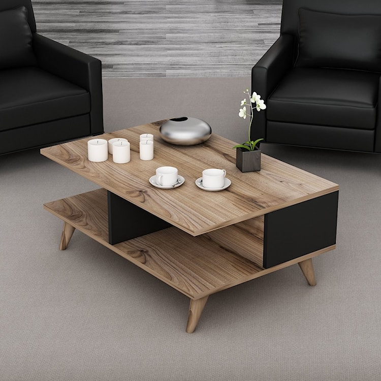 Stolik kawowy Lindeze 90x60 cm z półkami orzech/czarny  - zdjęcie 2
