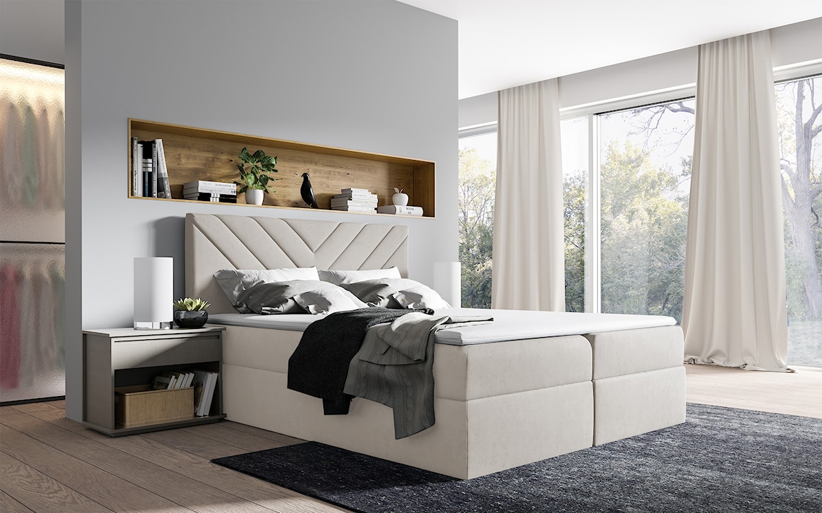 Łóżko kontynentalne Ponferrada 180x200 z dwoma pojemnikami, materacem i topperem szarobeżowe  - zdjęcie 2
