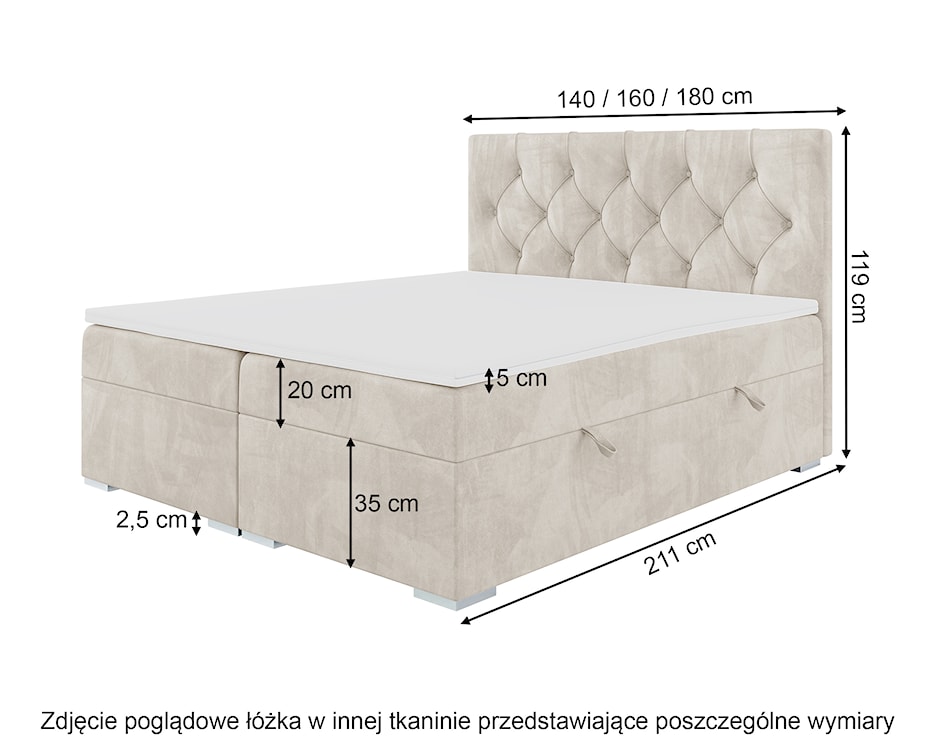 Łóżko kontynentalne 160x200 cm Lubekka z pojemnikami i topperem beżowe welwet hydrofobowy  - zdjęcie 5