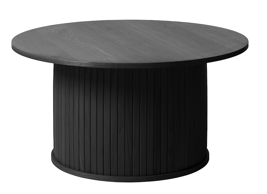 Okrągły stolik drewniany Gativel 90 cm z okrągłą podstawą lamele dąb czarny