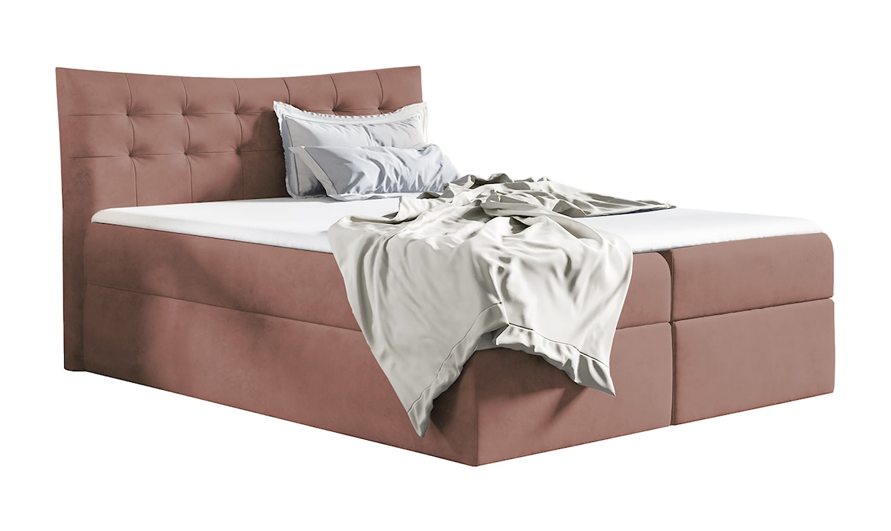 Łóżko kontynentalne Ramblano 120x200 z dwoma pojemnikami, materacem i topperem różowe hydrofobowe 